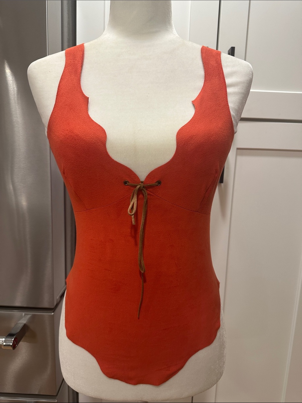 Vintage Bebe Scalloped V-Neck Tie-Front Tank Top